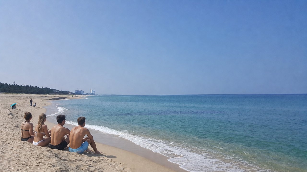 游客在江陵的海滩上悠闲休憩,远眺东海