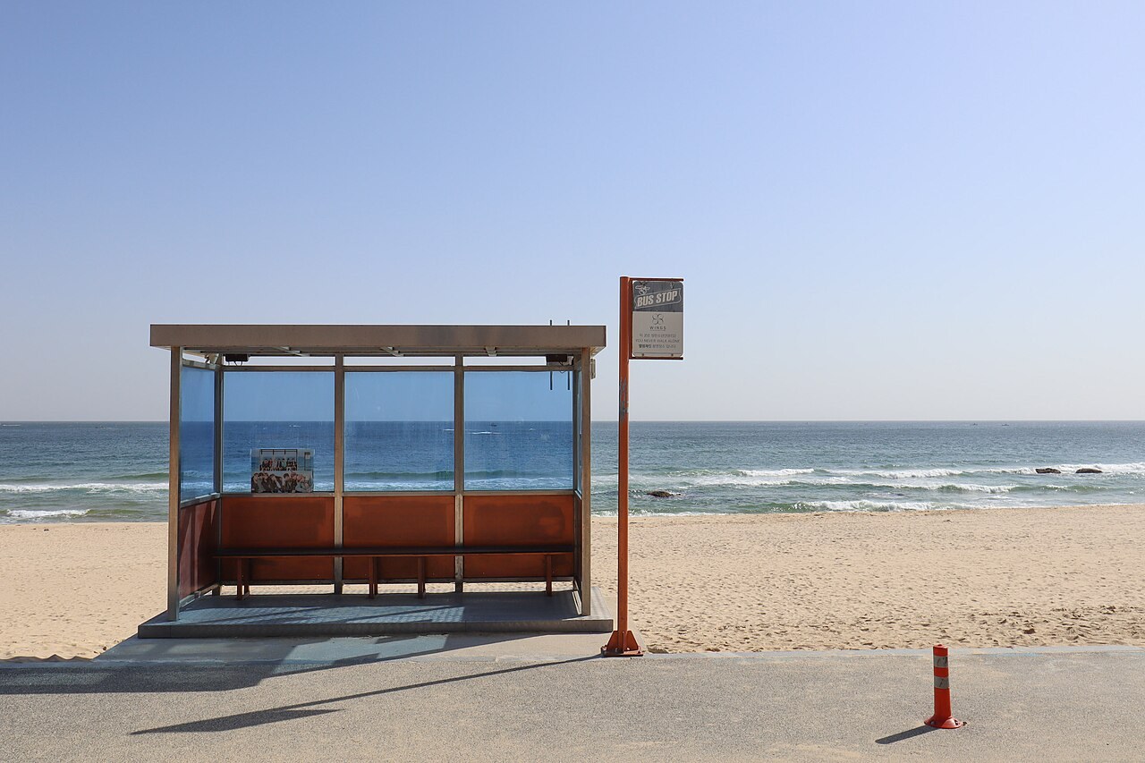 The lone seaside bus-stop shelter at Hyangho Beach, Gangneung, made famous by BTS