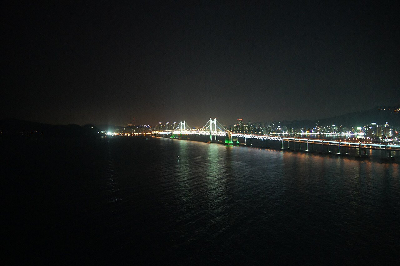 夜晚海湾上灯光璀璨的广安大桥